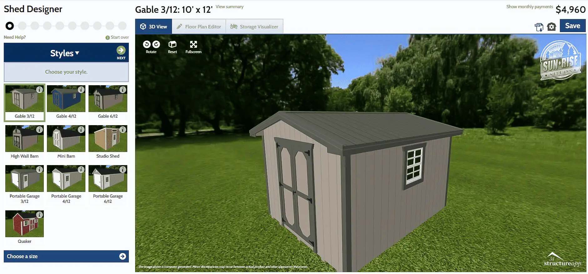 Sun Rise Sheds | 3D Shed Builder App